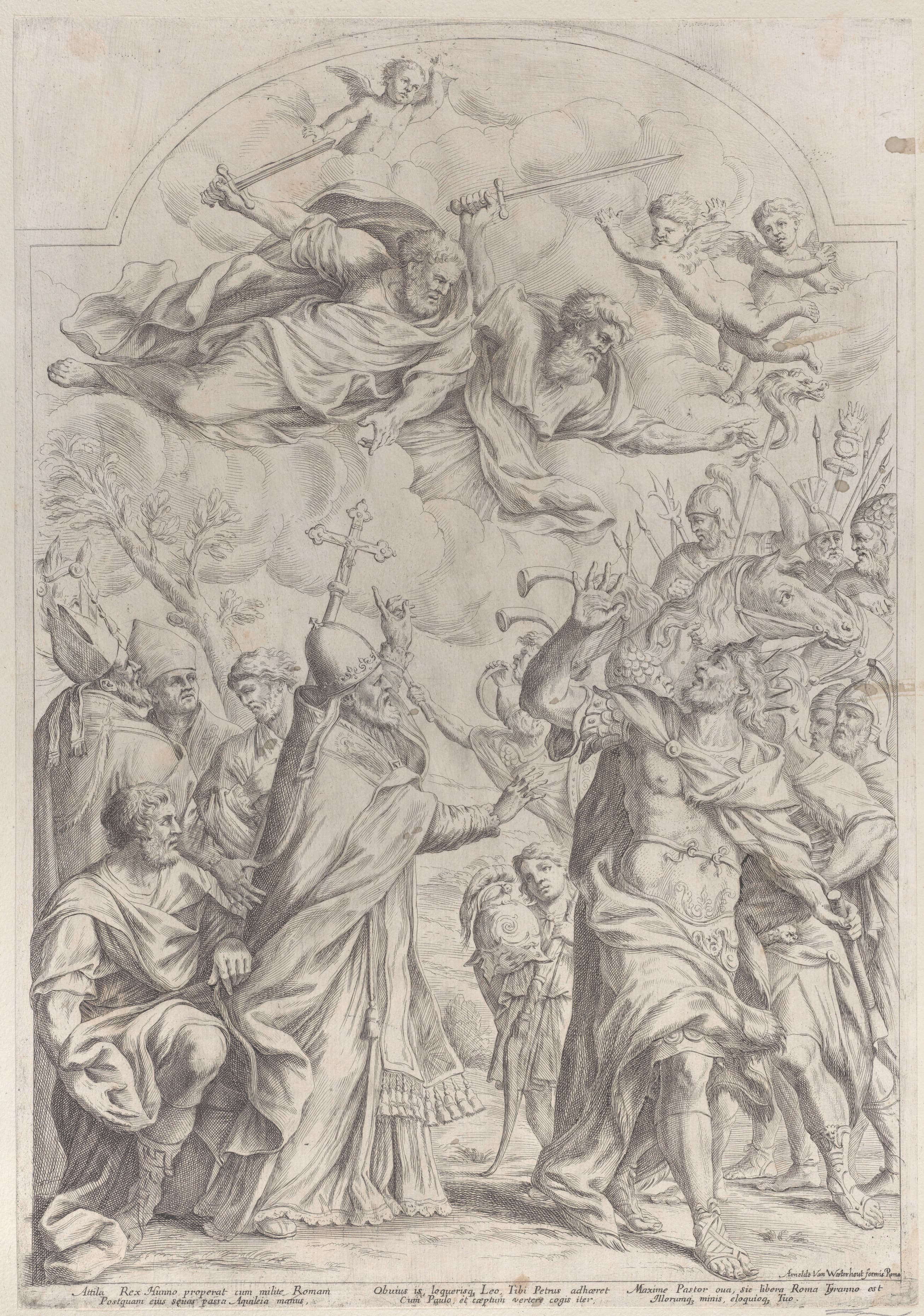Pope Leo repulses Atilla from the gates of Rome and points to Saints Peter and Paul overhead