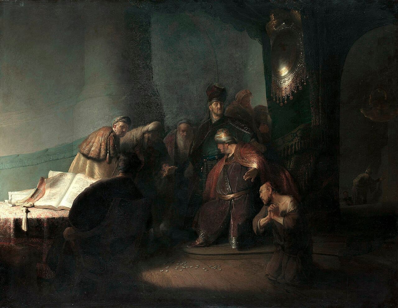 Rembrandt, Judas Returning the Thirty Pieces of Silver, 1629 — the betrayer in anguish before the chief priests, shortly before his death by hanging