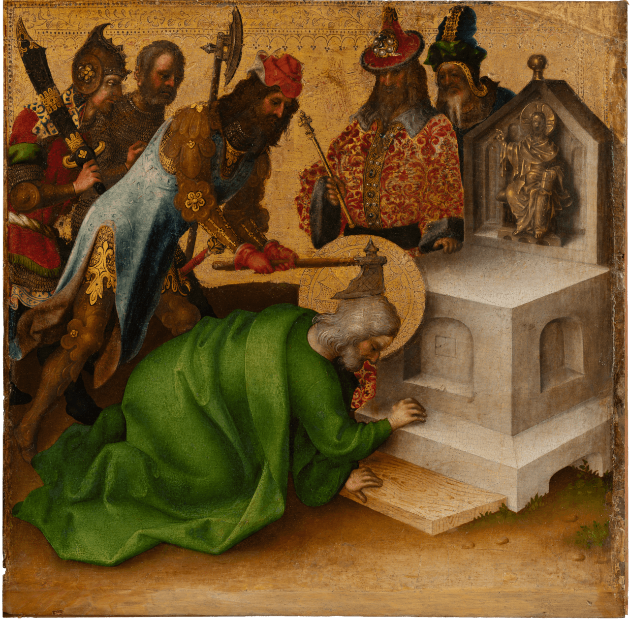 The Martyrdom of Saint Matthias, altarpiece panel — Matthias, chosen to replace Judas among the Twelve, was stoned and beheaded as a martyr